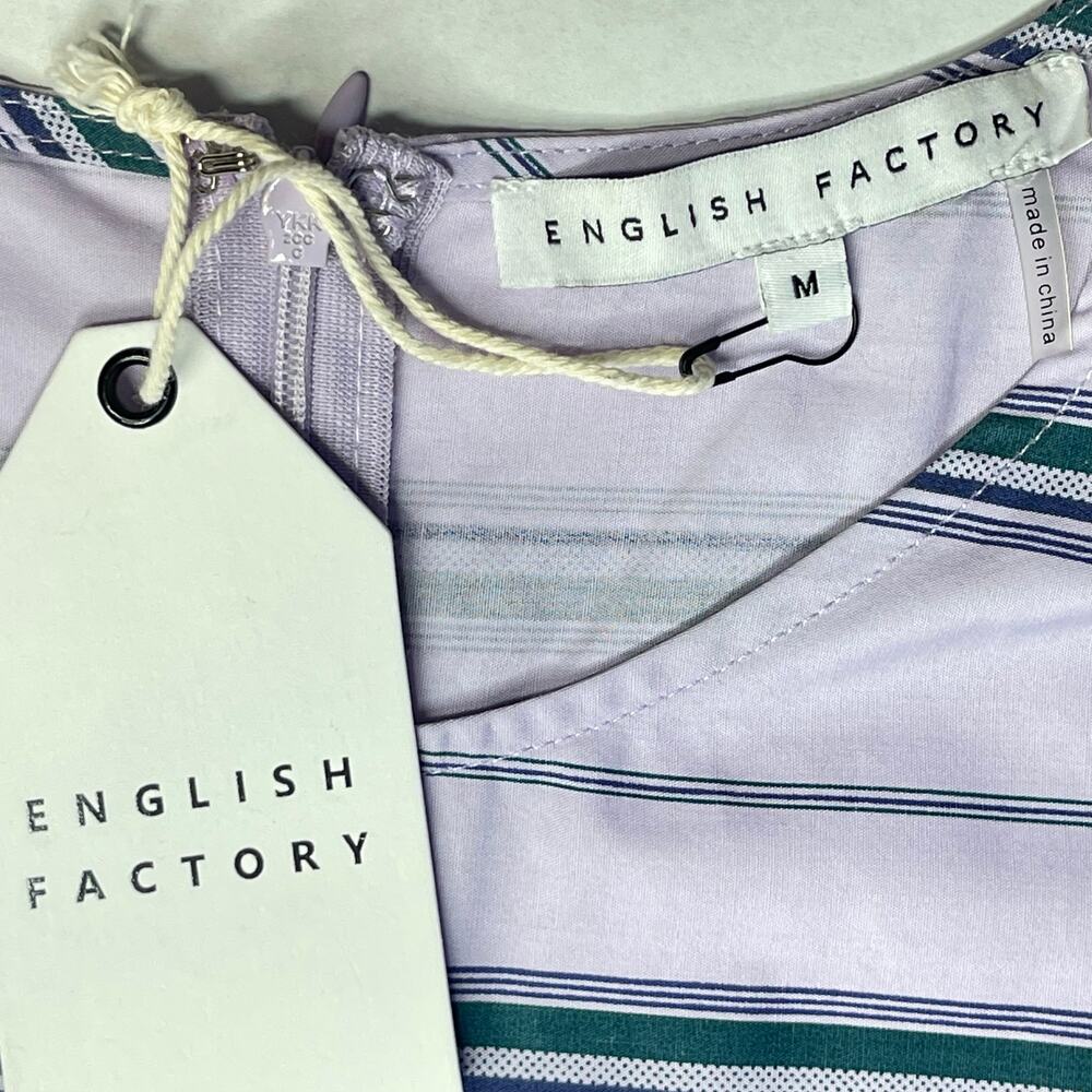 English Factory Puff Sleeve Striped Mini Dress size M Lilac Relaxed Babydoll New - Picture 4 of 10